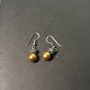 Vintage Sterling Silver Hook Faux Golden Pearl Earrings With Silver Accents